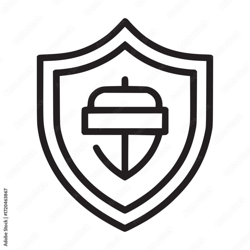 Poster illustration of a black and white shield with an acorn inside, the design is minimalist and modern, 