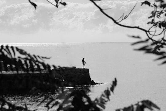 Fisherman standing on rocky pier, casting line into calm water, surrounded by lush greenery, with soft clouds reflecting sunlight, creating serene atmosphere and peaceful moment in nature - Powered by Adobe