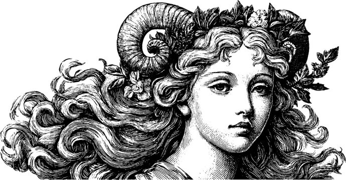 Virgo zodiac sign maiden figure with floral and horn details for astrological designs