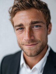 Fototapeta premium A close up of a man in a suit smiling at the camera