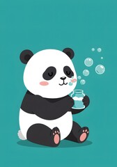 Obraz premium Cute Cartoon Panda Blowing Bubbles from a Jar