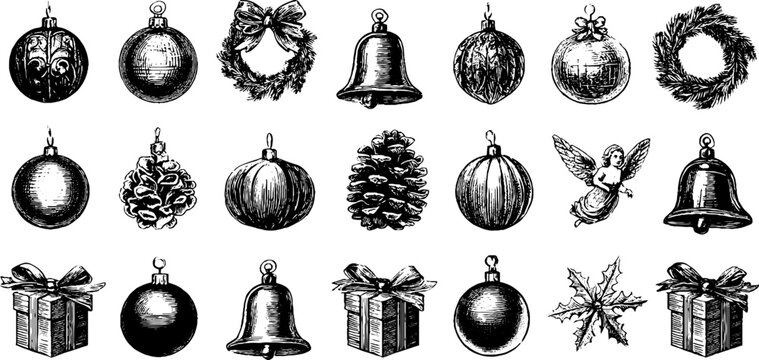 Vintage christmas baubles and decorations illustration set for holiday design