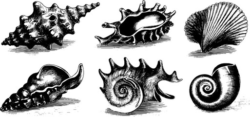 Vintage hand drawn set of conch, cowrie, and whelk shells for nautical themed decor