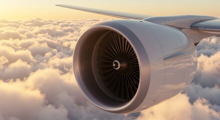 Airplane Engine Flying Above Fluffy White Clouds at Sunset