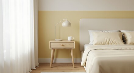 Minimalist Bedroom with White Bedside Lamp and Cream Bedding in Bright Natural Light