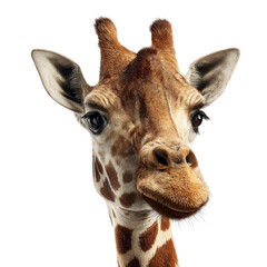 Obraz premium Close-up portrait of a giraffe's head and neck against a transparent background. background removed
