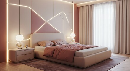 Modern Bedroom with Soft Pink Bedding and Artistic Led Wall Lighting