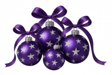 Purple christmas ornaments with silver stars and ribbons, creating a festive holiday decoration on transparent background