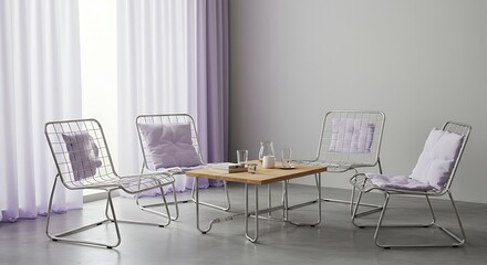 Modern Minimalist Lounge Area with Metal Frame Chairs and Wooden Table in Bright Room