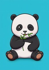 Fototapeta premium Cute Cartoon Panda Winking and Eating Bamboo on Blue Background