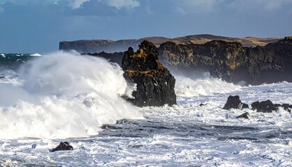 Ocean Waves Crashing Against Dark Volcanic Rocks