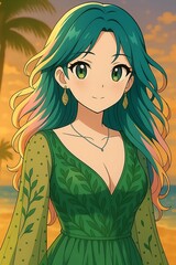 Anime Woman with Turquoise Hair at the Beach