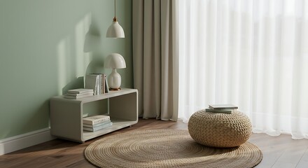 Minimalist Living Room Corner with White Side Table and Woven Pouf Near Large Window