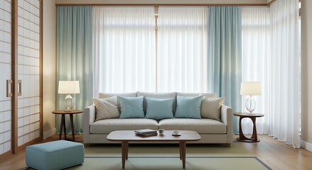 Bright Modern Living Room with White Sofa and Blue Cushions in Sunlit Space