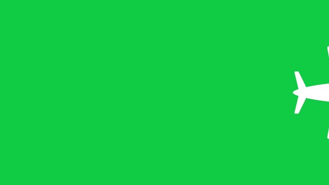 A simple animated white airplane icon flying across a bright green screen, perfect for travel or flight-related content