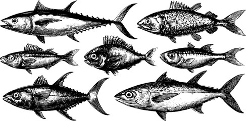 Vintage engraving set of tuna, cod, and mackerel fish illustrations for design