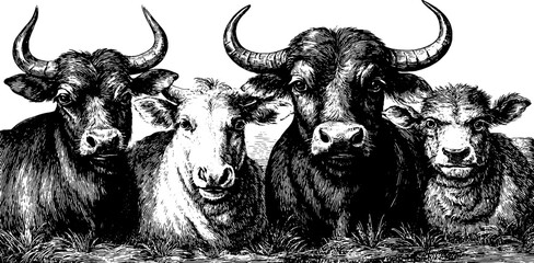 Naklejka premium Vintage animal illustration set featuring yak, camel, water buffalo, and gaur for retro design projects