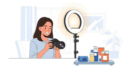 Content Creator Filming Product Review with Ring Light and Blender in Cozy Home Setup