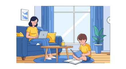 vector of Woman Working on Laptop While Child Colors Nearby in Sunlit Home Office with Cozy Decor