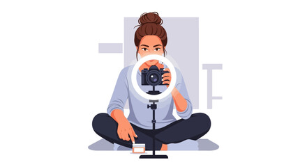 Content Creator Filming Product Review with Ring Light and Blender in Cozy Home Setup