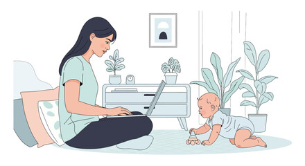 vector of Woman Working on Laptop While Child Colors Nearby in Sunlit Home Office with Cozy Decor