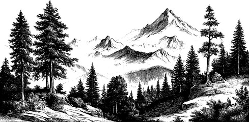 Majestic mountain silhouettes and forest scene - nature design for prints and posters