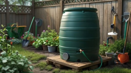 Rainwater harvesting tank in garden setting