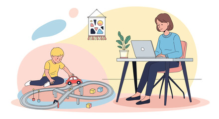 vector of Woman Working on Laptop While Child Colors Nearby in Sunlit Home Office with Cozy Decor