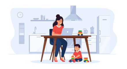 vector of Woman Working on Laptop While Child Colors Nearby in Sunlit Home Office with Cozy Decor