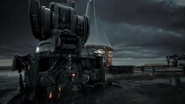 Robotic arms manipulate a spacecraft component during a storm