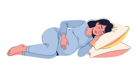 Pregnant Woman Sleeping Peacefully on Side in Bed with Pillows and Pajamas