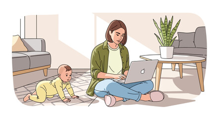 vector of Woman Working on Laptop While Child Colors Nearby in Sunlit Home Office with Cozy Decor