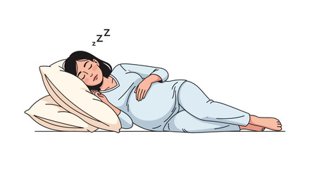 Pregnant Woman Sleeping Peacefully on Side in Bed with Pillows and Pajamas