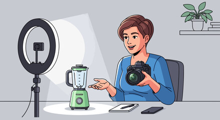 Content Creator Filming Product Review with Ring Light and Blender in Cozy Home Setup