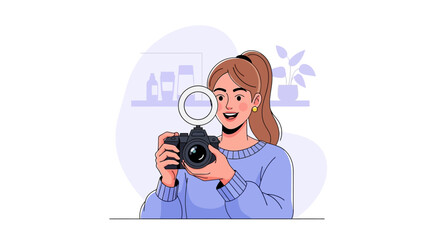 Girl holding camera, making social media content