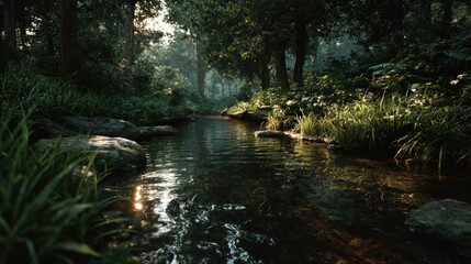 Fototapeta premium Serene Forest Stream with Sunlight Reflection and Tranquil Atmosphere