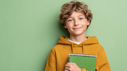 Confident young student holding green notebook against green background