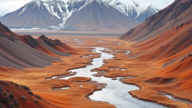 Aerial view of Icelandic mountains with snow, vibrant orange and brown hues, winding paths, and eroded geothermal formations in motion.