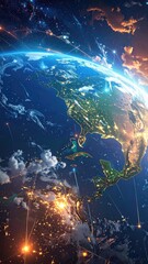 Obraz premium Pixelated Earth at Night with City Lights and Cosmic Elements