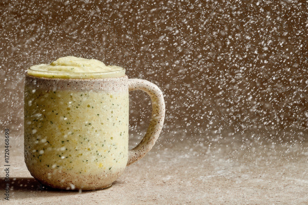 Poster creamy yellow smoothie overflowing in a rustic mug surrounded by floating powder sprinkles creating 