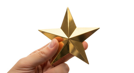 A hand holding a shiny golden star isolated on transparent background