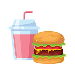 A cartoon illustration of a soda cup and a hamburger