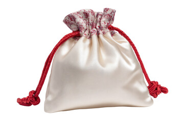 Elegant cream satin drawstring bag with red floral accents, perfect for gifts or jewelry. background removed