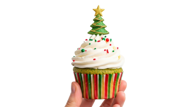 Hand holding a festive christmas cupcake decorated with a sparkling green tree and sprinkles, isolated on transparent background
