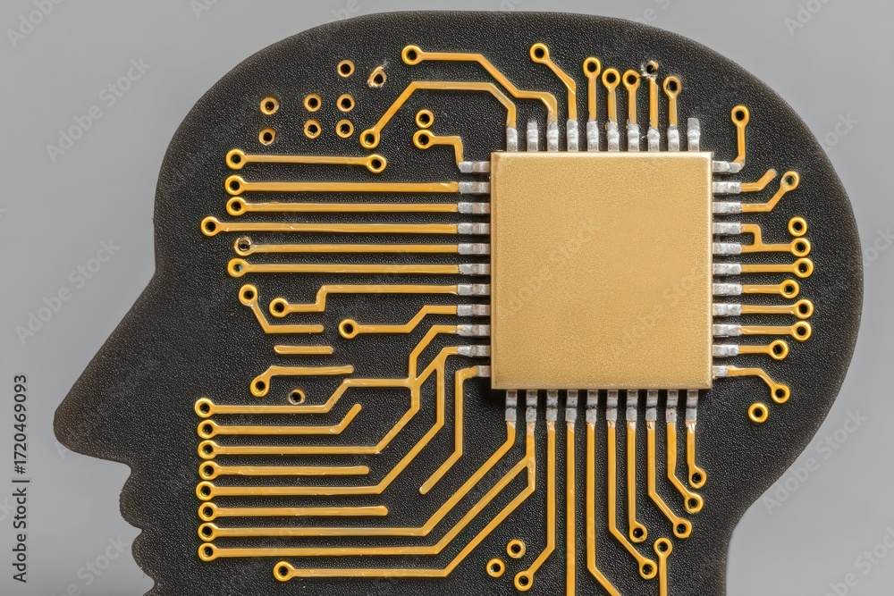 Aufkleber Intricate circuit board resembling a human head showcasing the fusion of technology and consciousness, representing the intersection of artificial intelligence and human cognition