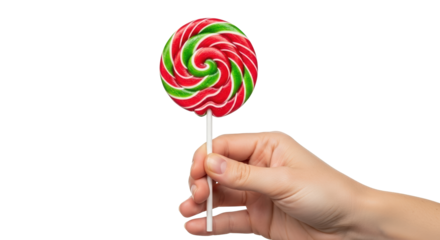 A hand holds a large, colorful swirl lollipop with red and green stripes, isolated on transparent background