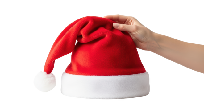 Hand holding a red santa claus hat isolated on transparent background
