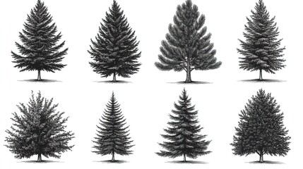 Obraz premium Set of Black - and - White Pine Tree Illustrations on White Background