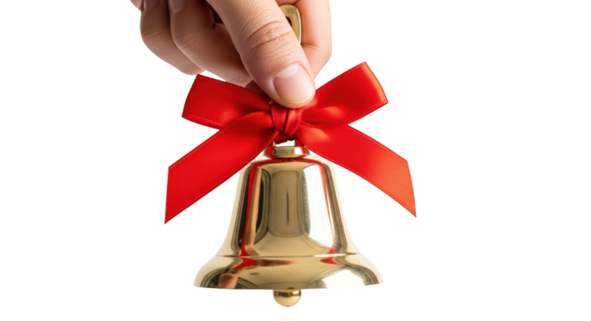 A hand holds a shiny golden bell adorned with a vibrant red ribbon bow, isolated on transparent background