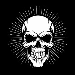 Fototapeta premium Monochrome skull with sunburst on a black background.